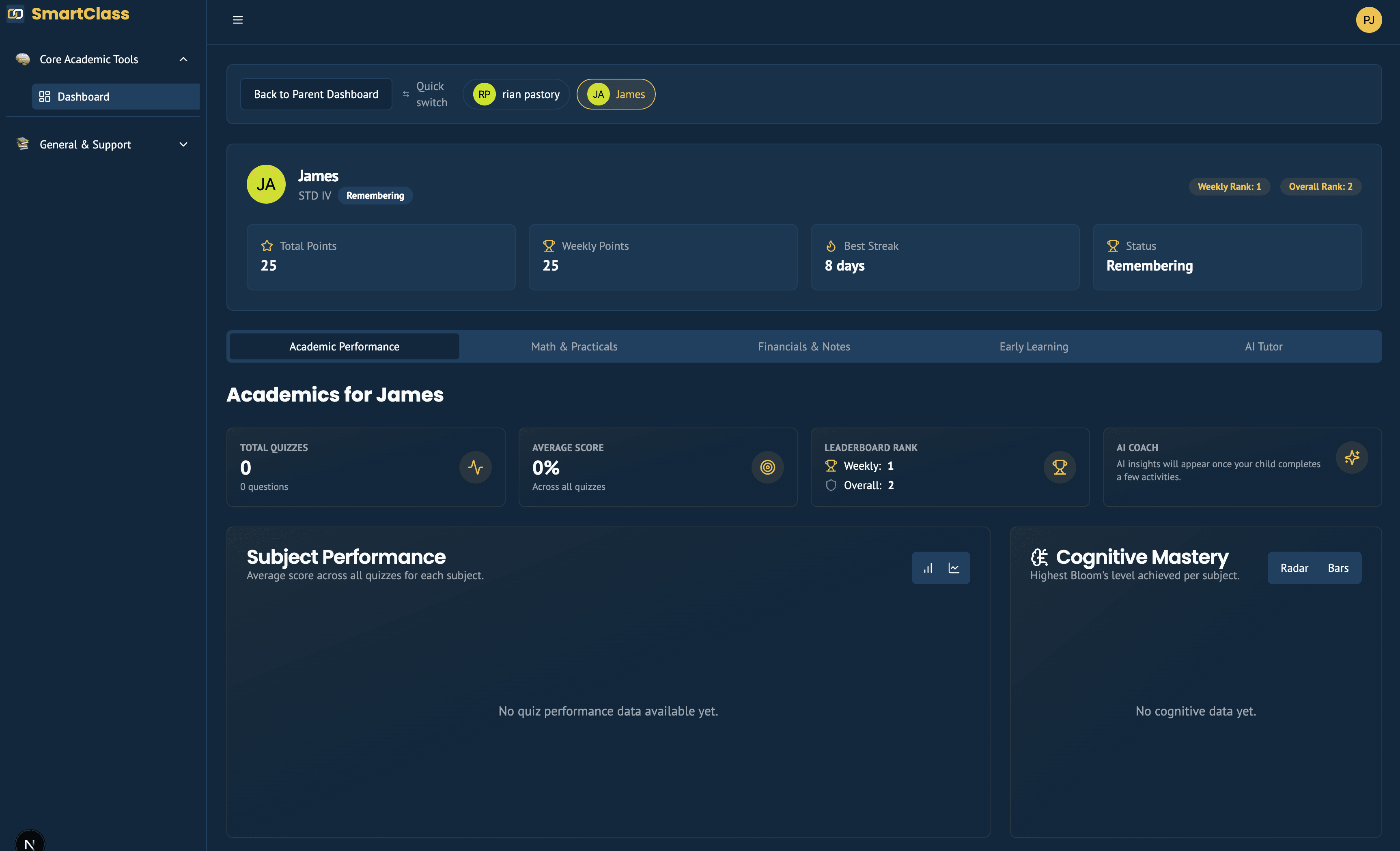 SmartClass dashboard showing learner profiles, academic tools, subject performance, and an AI coach.